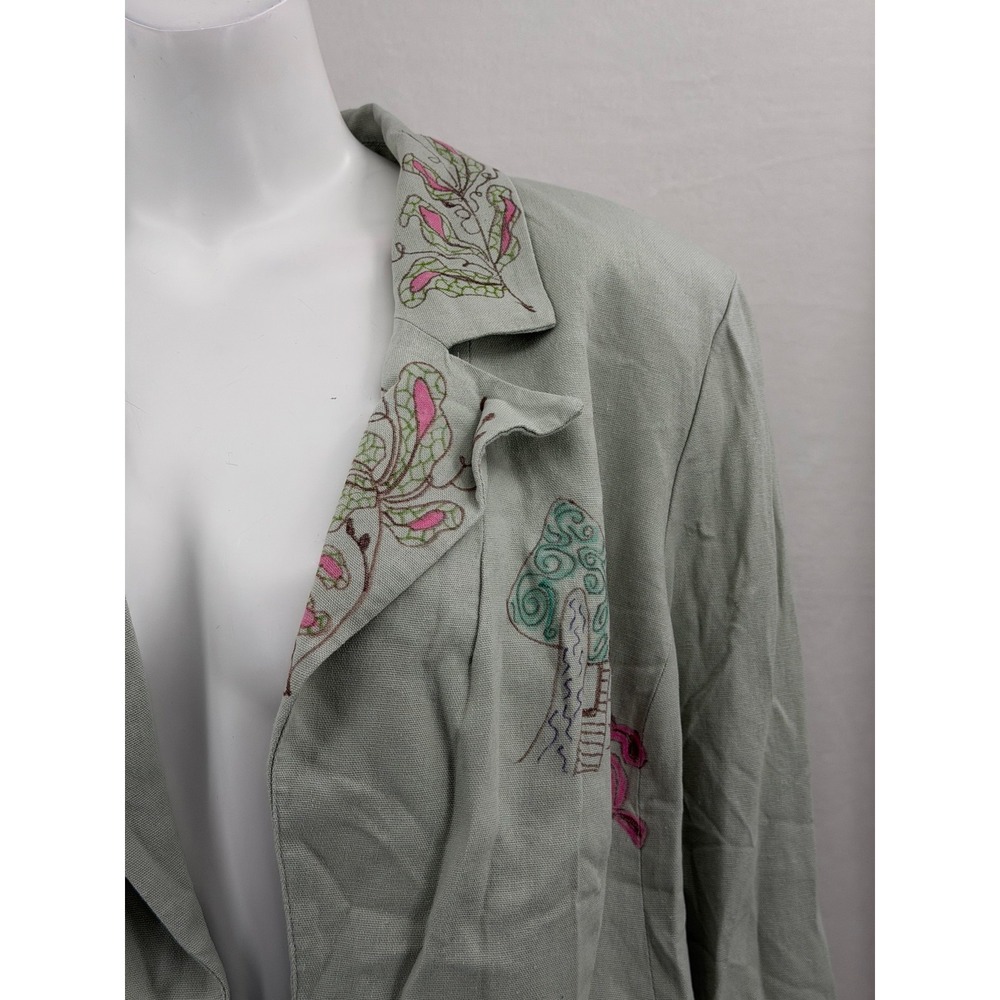 Eloquii Jacket Womens 20 Green Graphic Artsy Whimsical Boho Linen Blend Teacher - Picture 2 of 11
